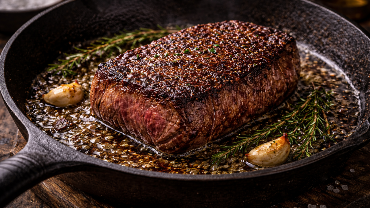 Thick Scotch fillet steak searing in a cast iron pan with garlic, rosemary and bubbling beef fat, forming a deep crust
