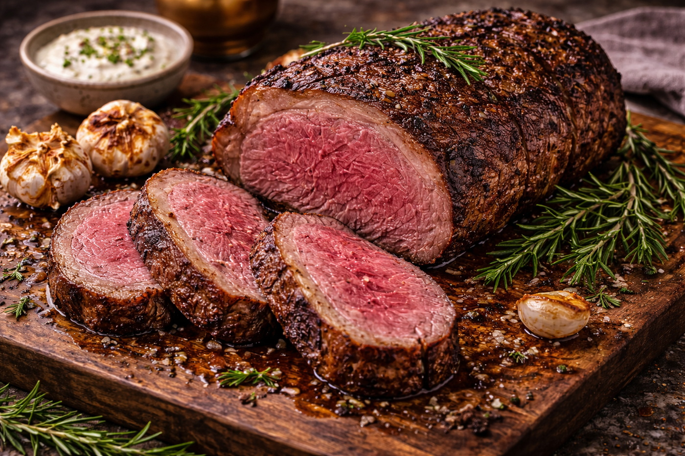 Whole cube roll (ribeye) roast on a wooden board, sliced to reveal a pink, tender interior, garnished with fresh rosemary and roasted garlic, ready to serve.
