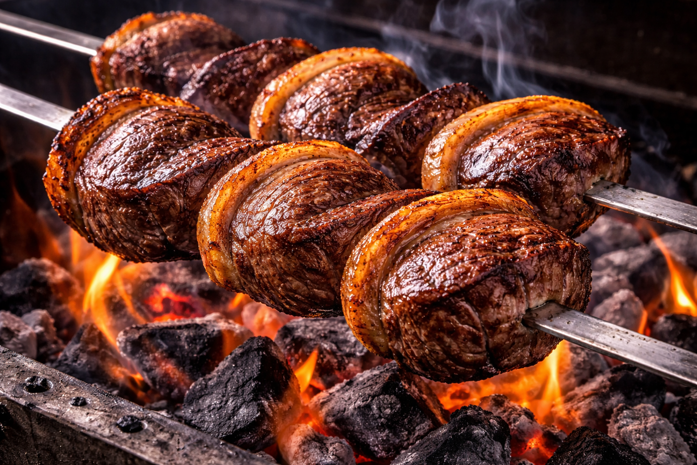 Skewered beef rump cap steaks grilling over glowing charcoal with a golden-brown sear, smoke rising, and fresh herbs for garnish.
