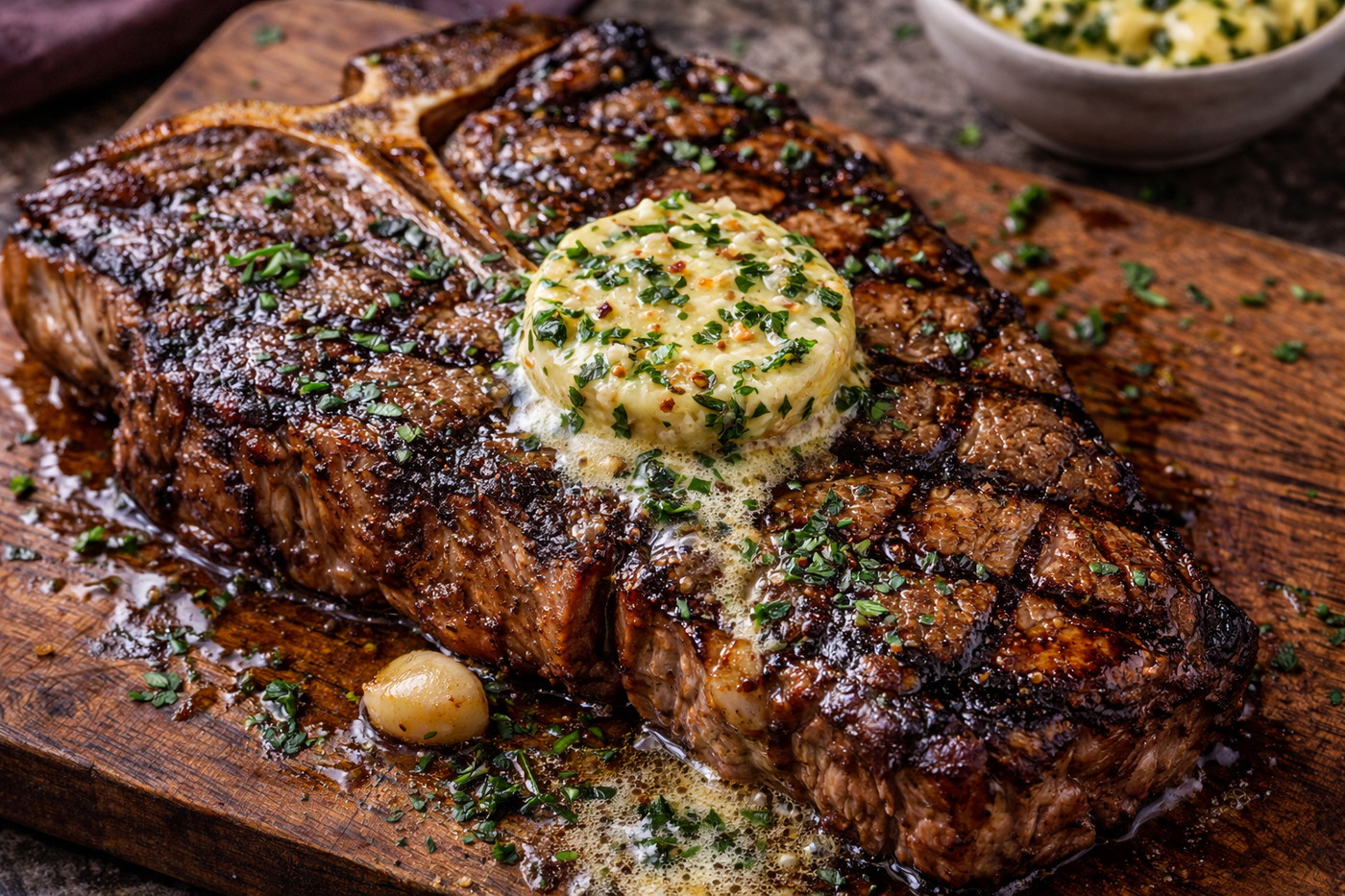 Grilled porterhouse steak with melting compound butter, garnished with fresh herbs, served on a wooden board with roasted vegetables.