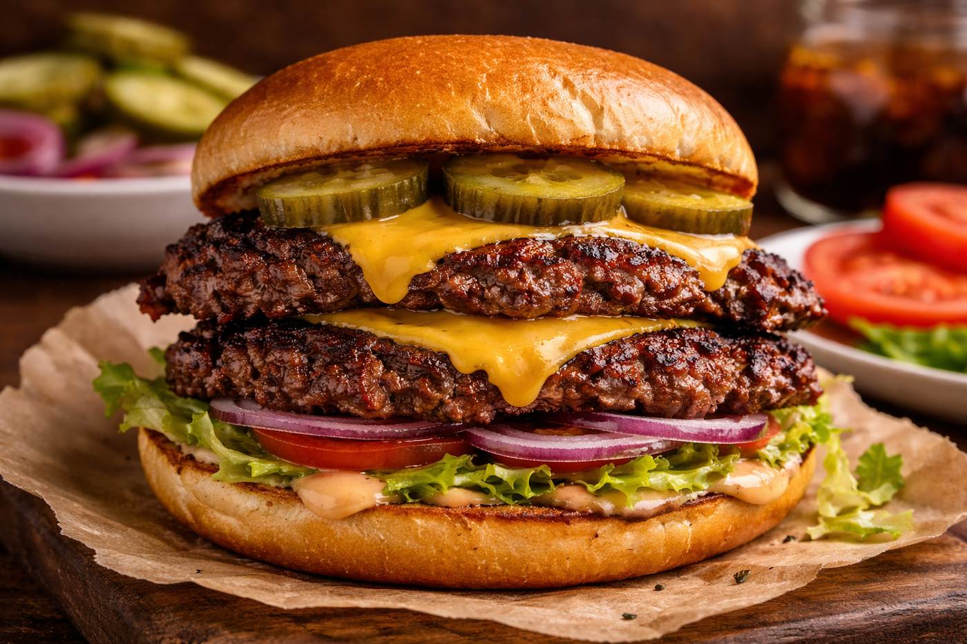 High-fat smash burger with two crispy beef patties, melted cheese, lettuce, tomato, red onion, and pickles on a toasted bun.