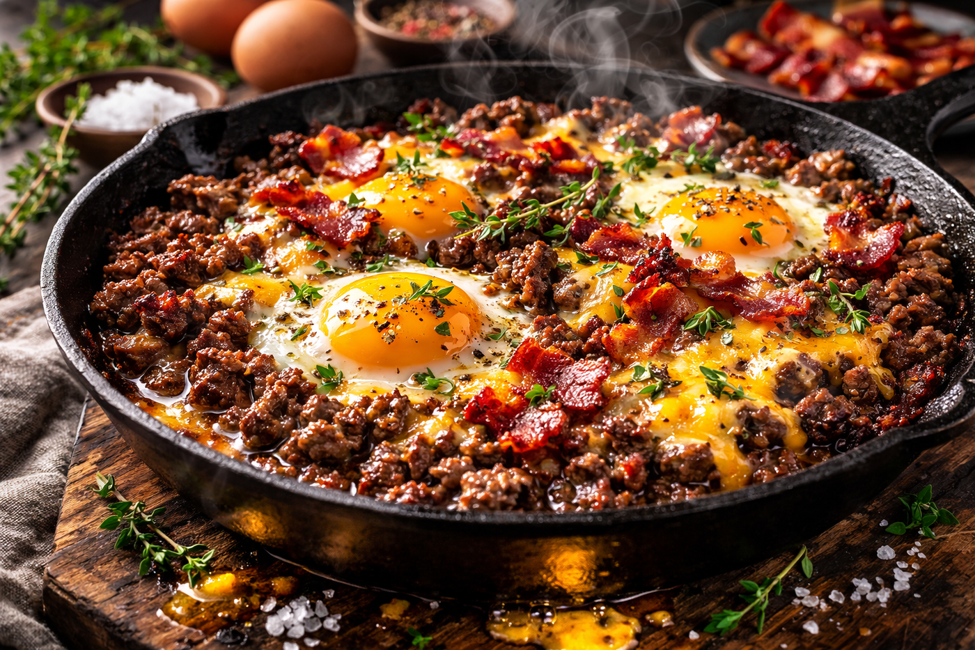 Carnivore-style beef mince skillet with crispy browned beef, melted cheese, sunny-side-up eggs, and bacon bits in a cast-iron pan.