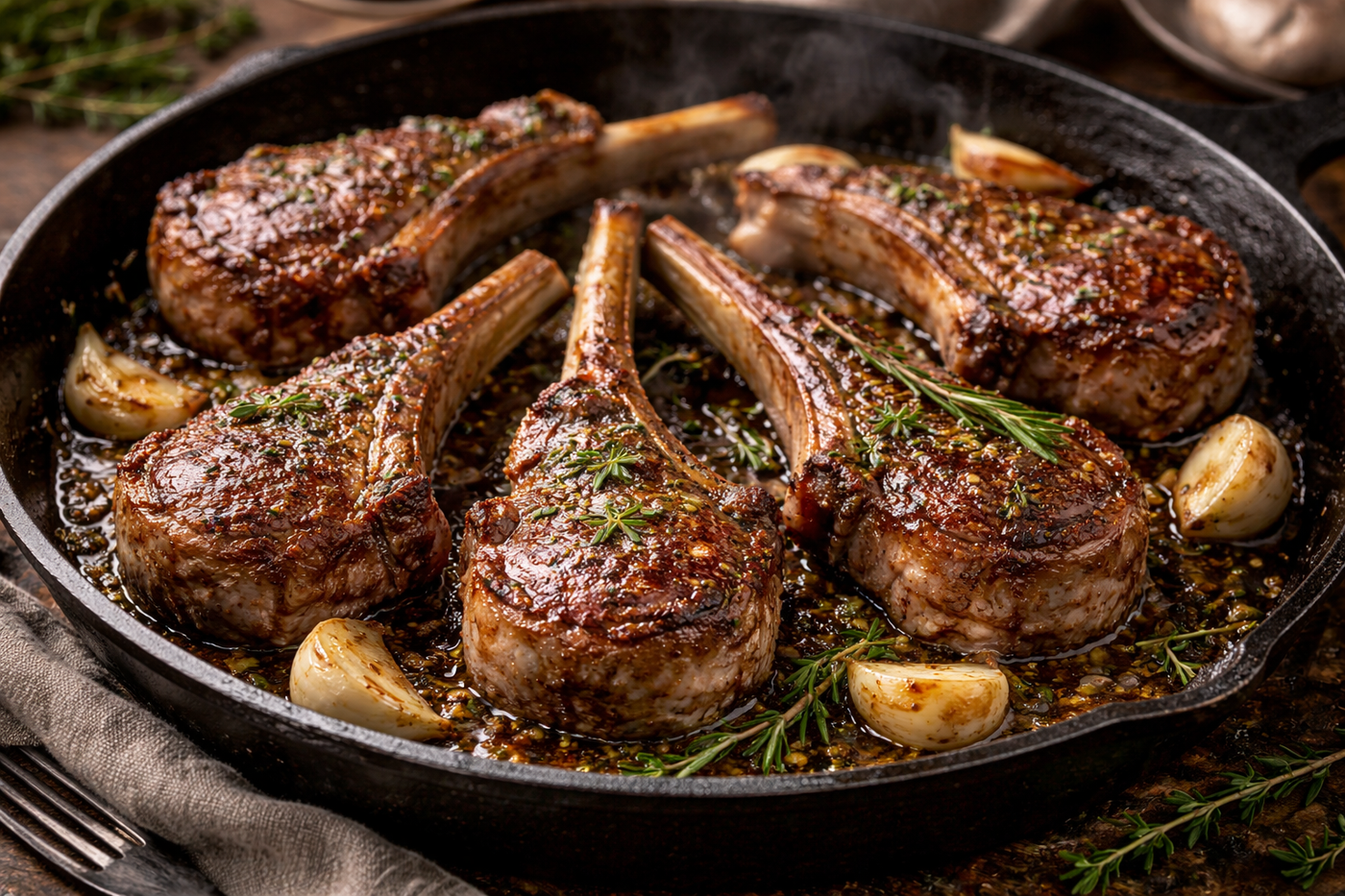 Close-up of lamb cutlets seared in a cast-iron skillet with golden-brown crust, garnished with fresh rosemary and garlic cloves.