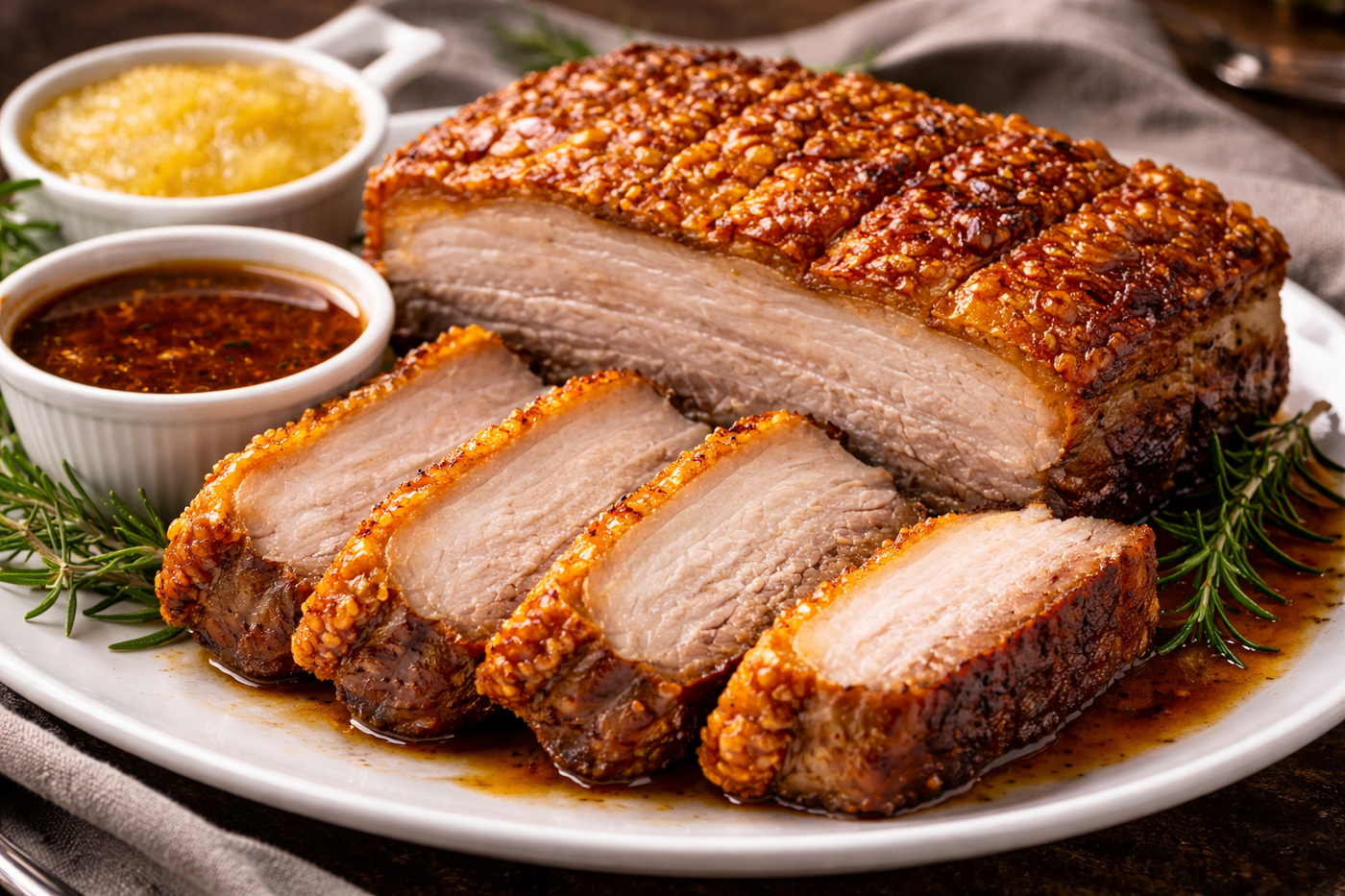 Slow roasted free-range pork belly with golden crispy crackling, served with apple sauce and vermouth jus on a white plate.