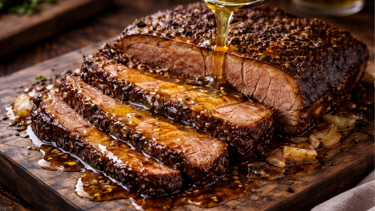 Slow cooked beef brisket in beef tallow sliced on wooden board with glossy juices and crisp bark crust