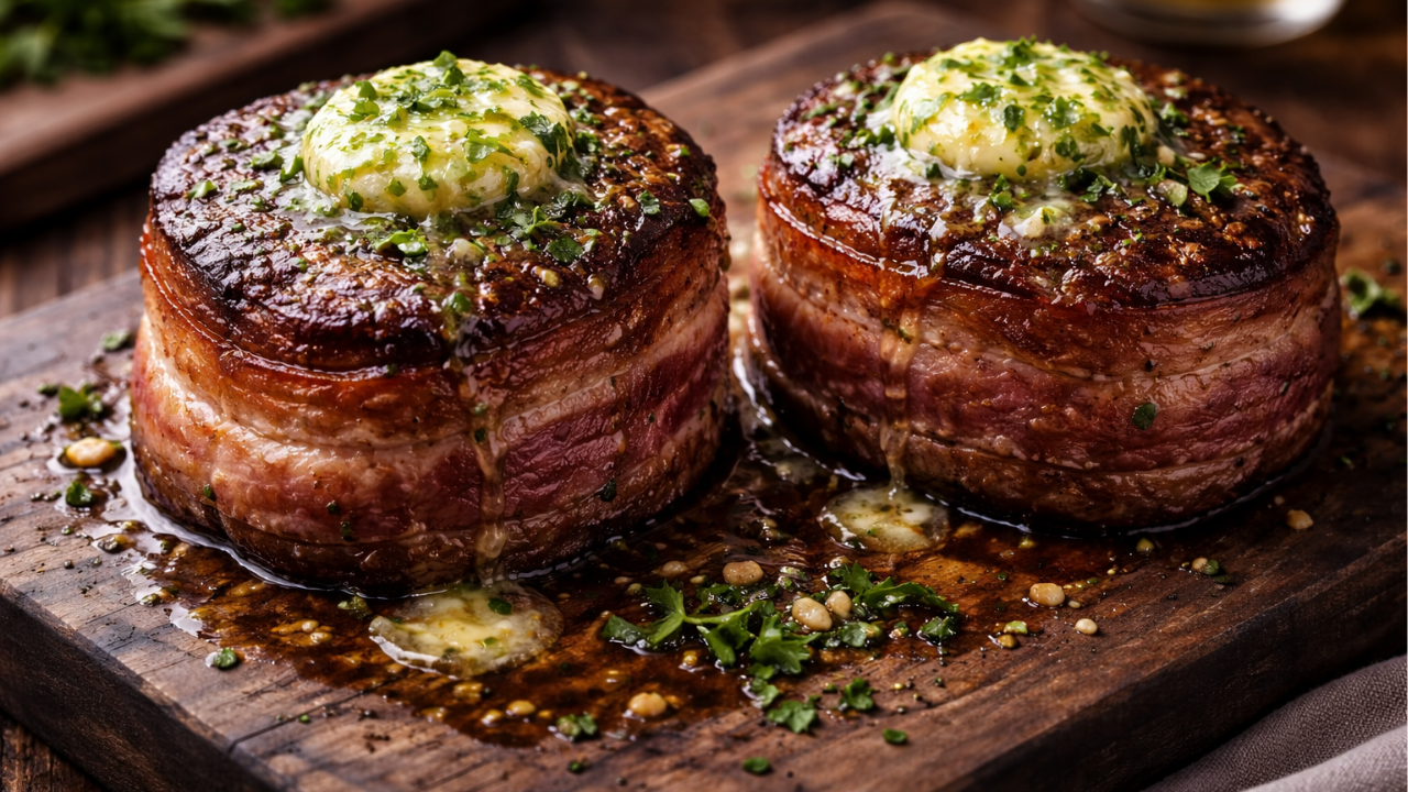 Eye fillet wrapped in bacon with melting herb butter on top, golden seared edges on rustic wooden board