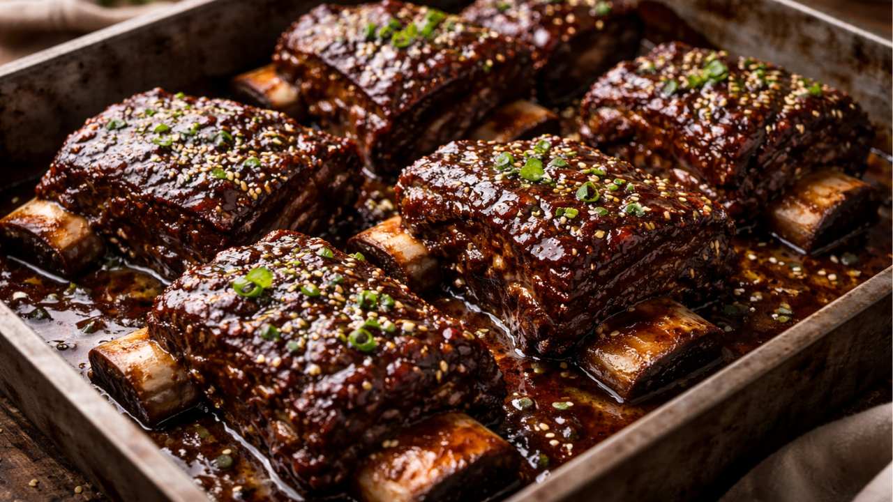 Sticky glazed beef short ribs with glossy caramelised coating and tender meat on a baking tray