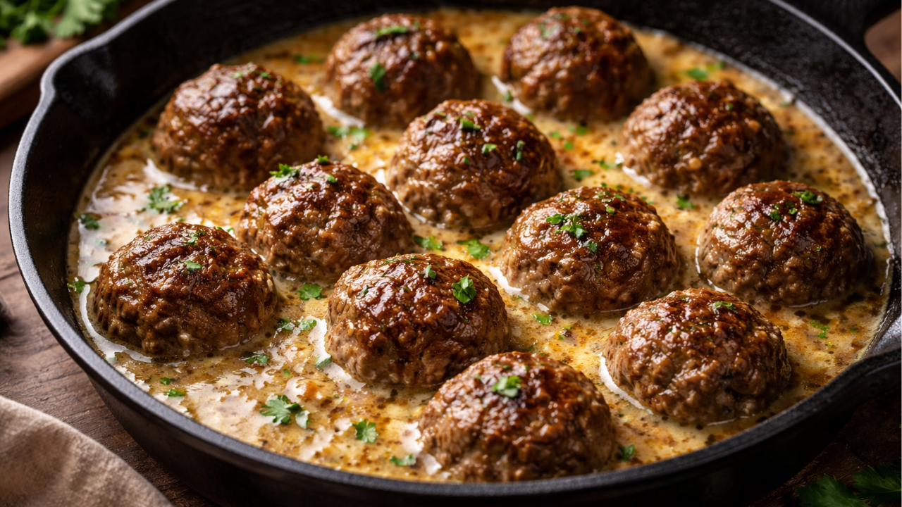 Beef mince meatballs in rich butter sauce simmering in cast iron pan with glossy garlic cream and fresh parsley garnish