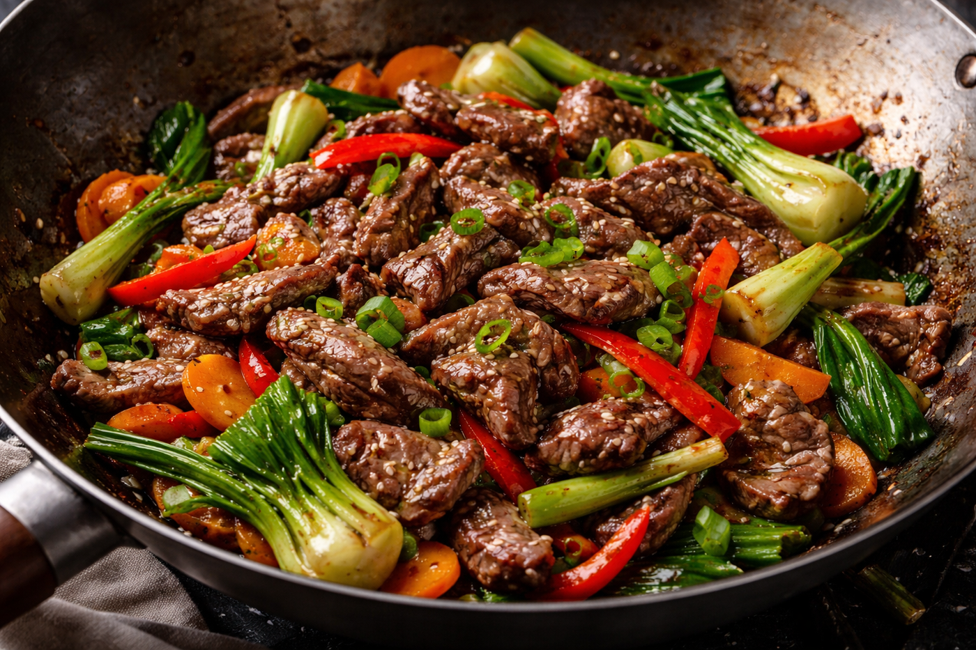 Beef rump stir fry with vibrant vegetables and glossy sauce served in a wok over high heat