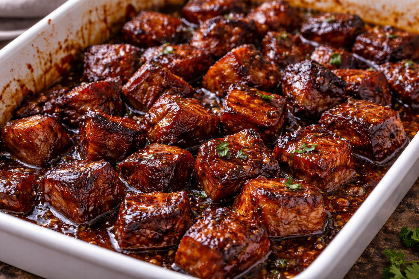 Oven-baked brisket burnt ends coated in sticky barbecue sauce, served in a casserole dish with caramelized edges