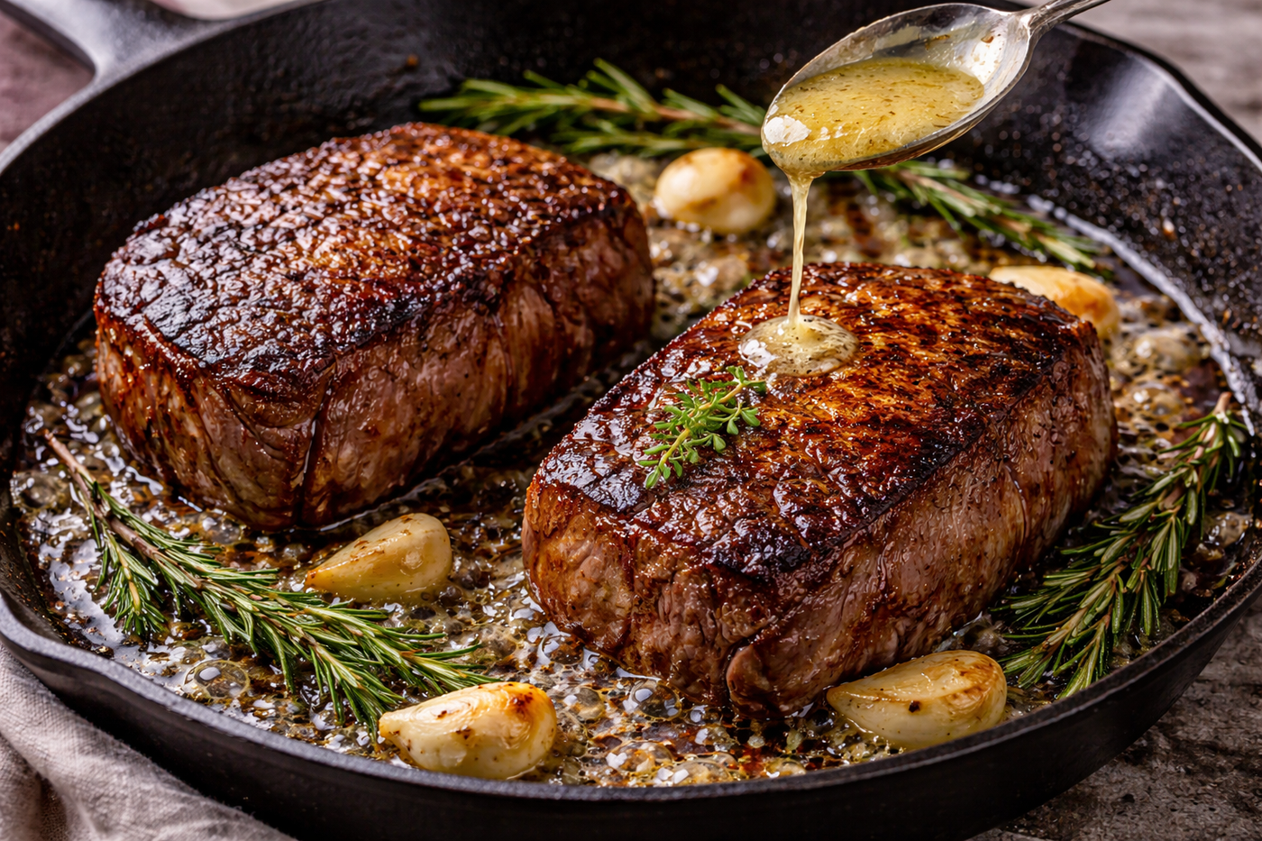 Thick-cut cube roll steak seared in a cast iron skillet with golden crust, garnished with garlic, rosemary, and thyme
