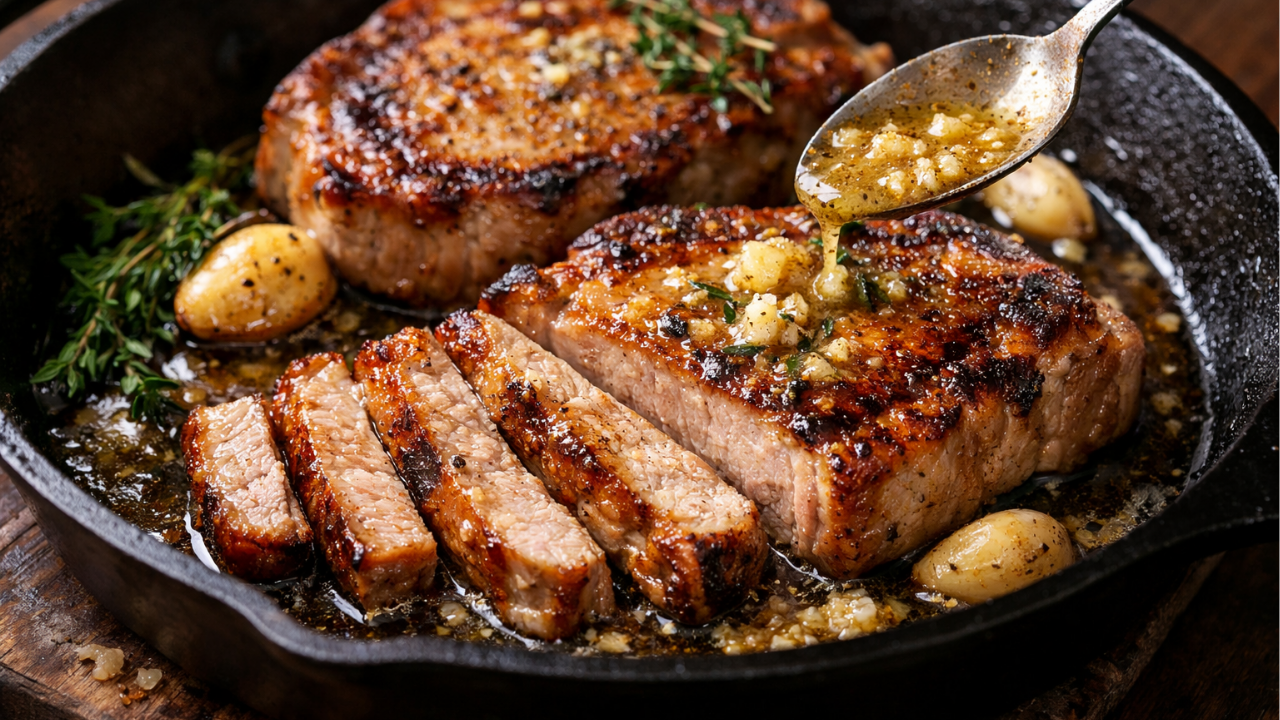 Garlic butter pork chops seared in cast iron, sliced juicy with golden crust, garlic cloves and fresh thyme in the pan