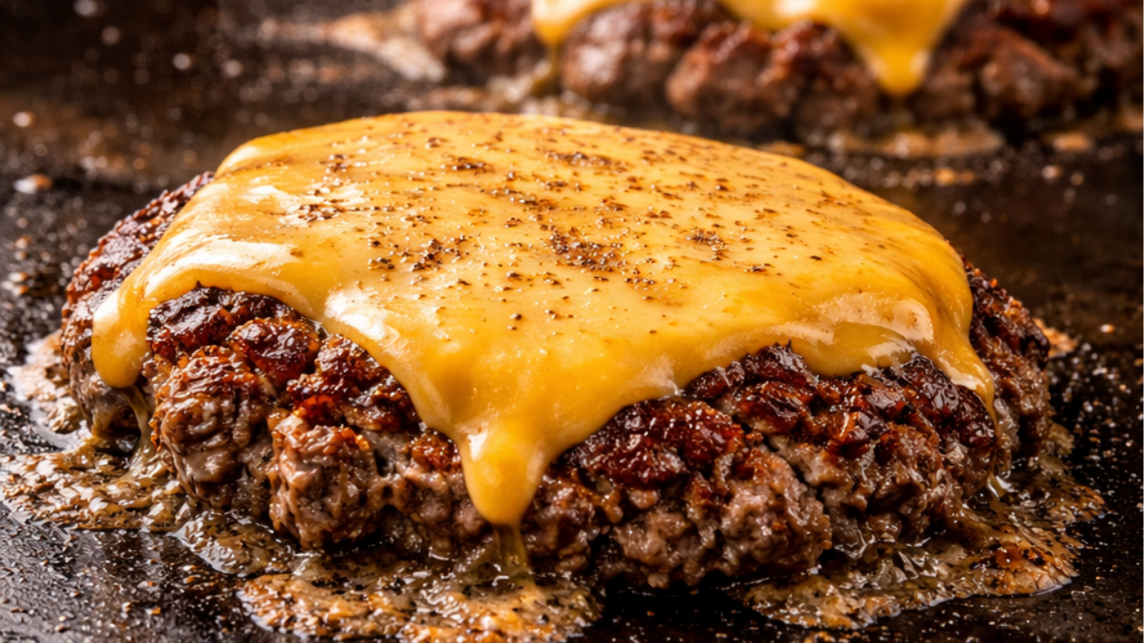 High-fat beef mince smash burgers on a hot flat top with crispy caramelised edges and melted cheddar cheese