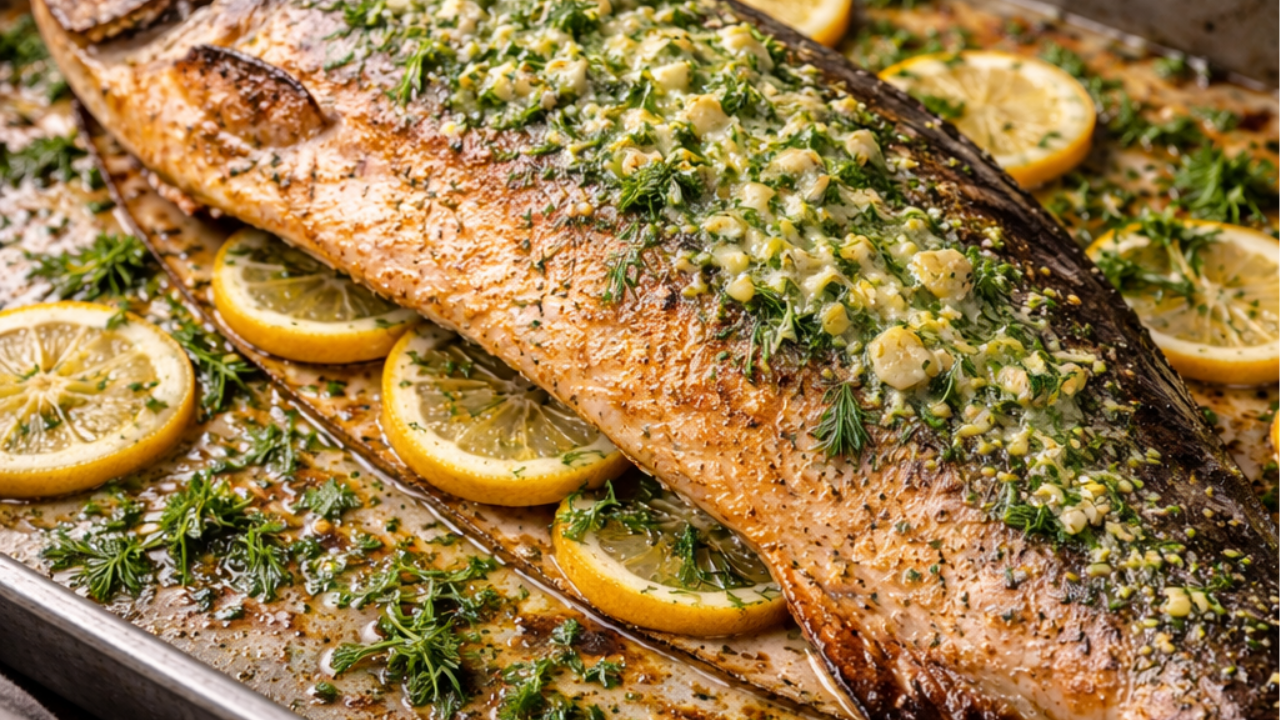 Whole baked king salmon topped with melted herb butter, lemon slices and fresh dill on a roasting tray
