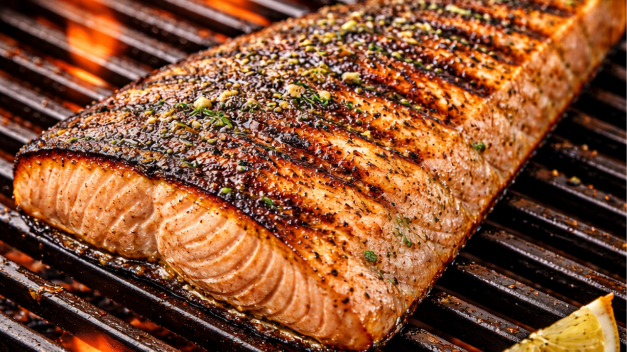 King salmon fillet on BBQ grill with crispy golden skin, grill marks and flames in the background