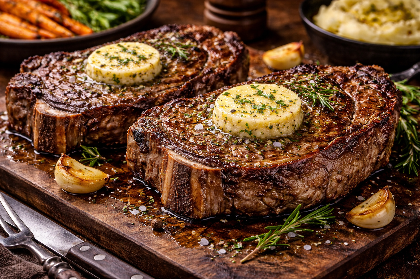 Two bone-in ribeye steaks topped with melting bone marrow butter, served with garlic, rosemary, and rustic sides