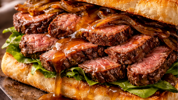 Scotch fillet steak sandwich sliced and stacked on toasted sourdough with rocket, caramelised onions and rich pan jus