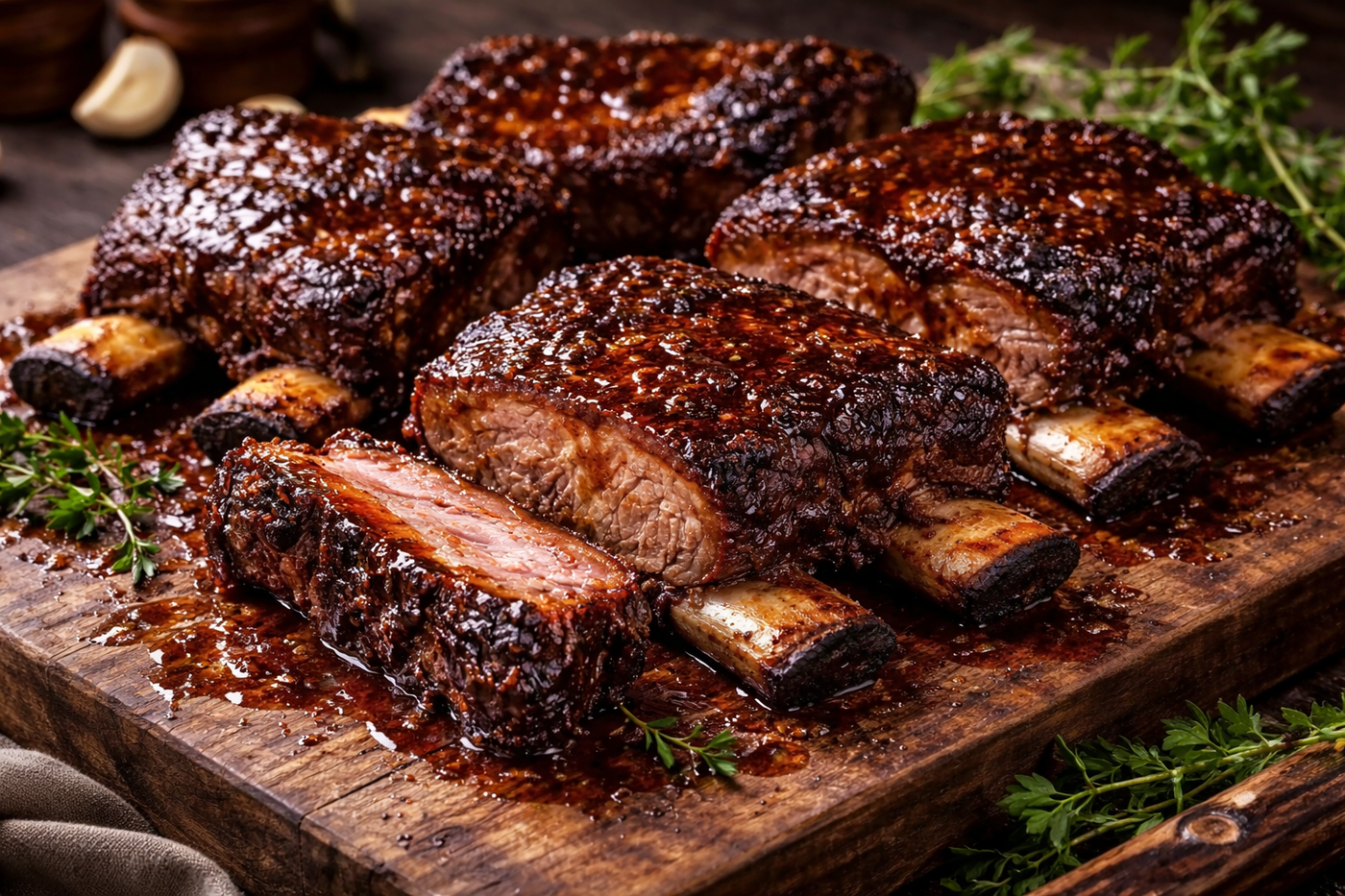 Tender sticky BBQ beef short ribs glazed and served on a wooden board with fresh herbs and smoked paprika