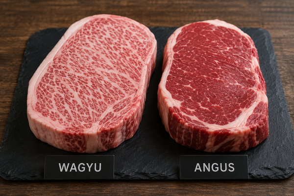 Heavily marbled wagyu steak beside a leaner Angus steak showing the marbling difference