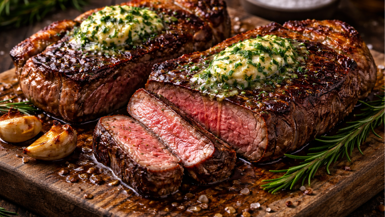 Rib eye steak with crispy rendered fat cap topped with melting herb butter, sliced medium rare on a wooden board
