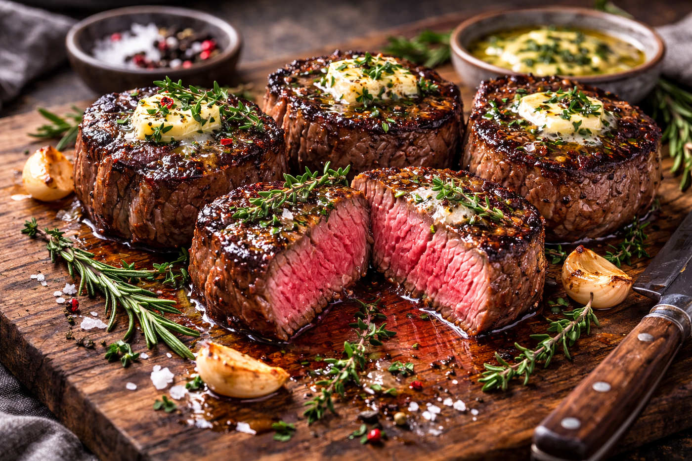 Close-up of five perfectly cooked beef eye fillet medallions on a rustic wooden board, one sliced to show juicy medium-rare interior, garnished with fresh herbs and roasted garlic.