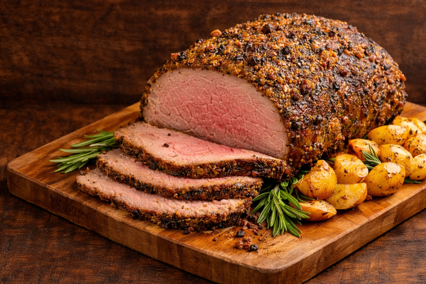 Sliced garlic-crusted beef rump roast on a wooden board with roasted baby potatoes and fresh rosemary sprigs.