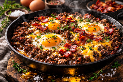 Carnivore-style beef mince skillet with crispy browned beef, melted cheese, sunny-side-up eggs, and bacon bits in a cast-iron pan.