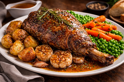 Slow roasted lamb leg with crispy golden exterior, served with roasted potatoes, caramelized garlic, peas, carrots, and rich pan drippings.