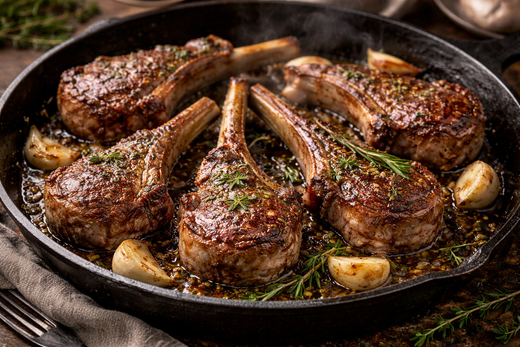 Close-up of lamb cutlets seared in a cast-iron skillet with golden-brown crust, garnished with fresh rosemary and garlic cloves.