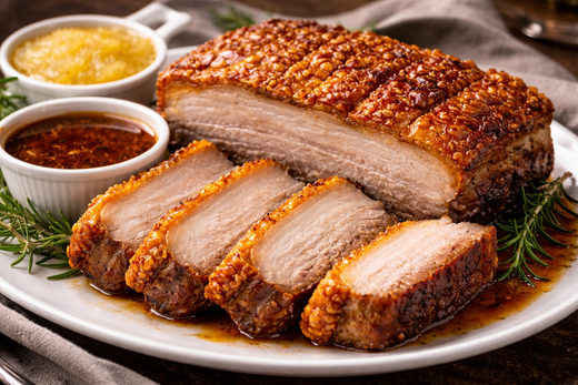 Slow roasted free-range pork belly with golden crispy crackling, served with apple sauce and vermouth jus on a white plate.