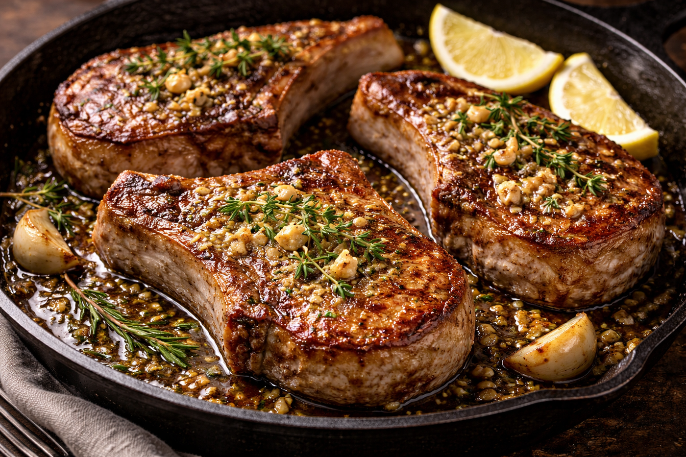 Golden-seared thick pork chops in a skillet, topped with garlic butter and fresh thyme, served with lemon wedges.