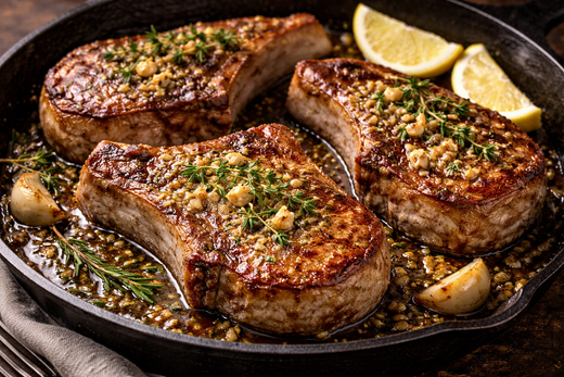 Golden-seared thick pork chops in a skillet, topped with garlic butter and fresh thyme, served with lemon wedges.