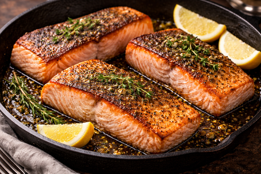 Pan-seared king salmon fillets with golden crispy skin in a cast-iron skillet, garnished with lemon wedges and fresh herbs.