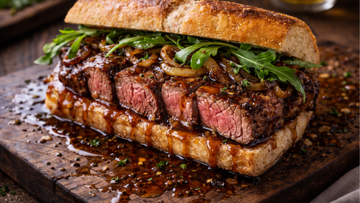 Cube roll steak sandwich with pan jus on toasted baguette, medium rare slices and caramelised onions on wooden board