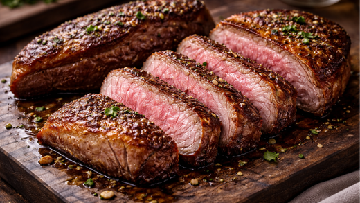 Picanha steaks sliced against the grain with rendered fat cap and juicy pink centre on wooden board
