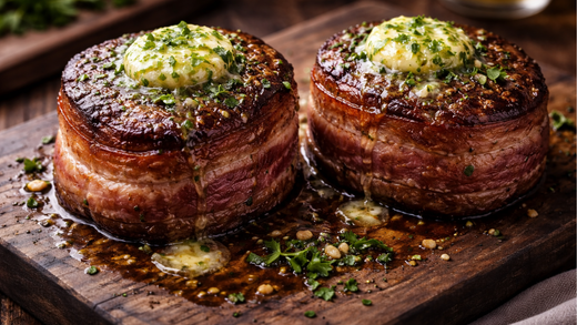 Eye fillet wrapped in bacon with melting herb butter on top, golden seared edges on rustic wooden board