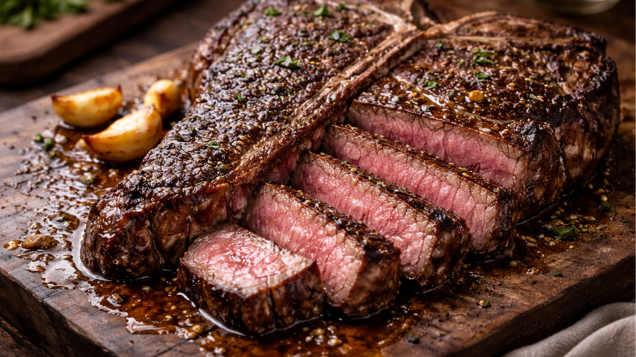 Porterhouse steak reverse sear method sliced medium rare with dark crust and visible T bone on wooden board