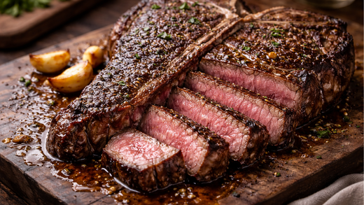 Porterhouse steak reverse sear method sliced medium rare with dark crust and visible T bone on wooden board