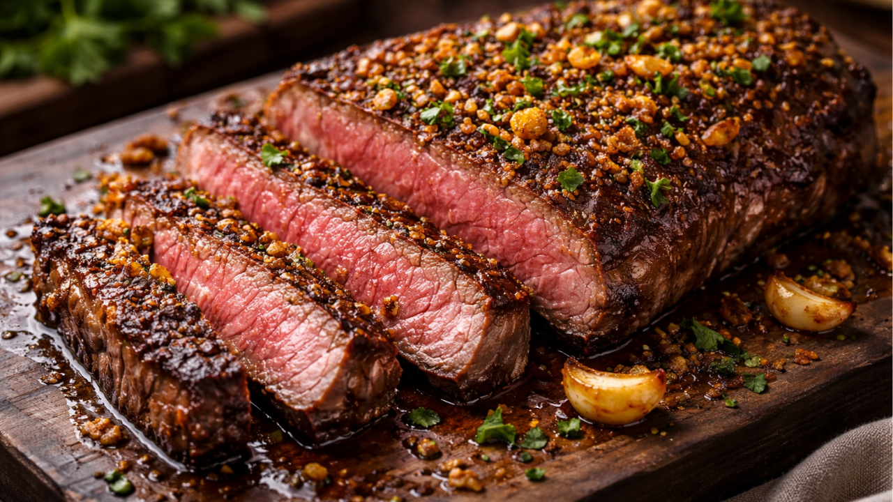 Beef rump steak with crispy garlic crust sliced medium rare on wooden board with roasted garlic and herbs