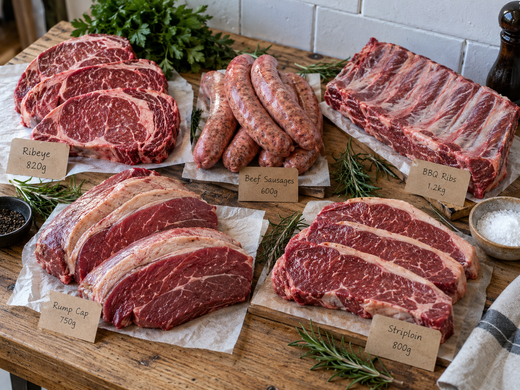 BBQ meat pack laid out with steaks sausages ribs and rump cap portioned and weighed