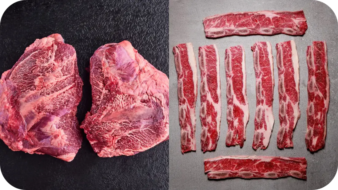 Raw beef cheeks on the left and sliced short ribs on the right displayed on dark surfaces.