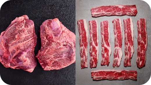 Raw beef cheeks on the left and sliced short ribs on the right displayed on dark surfaces.