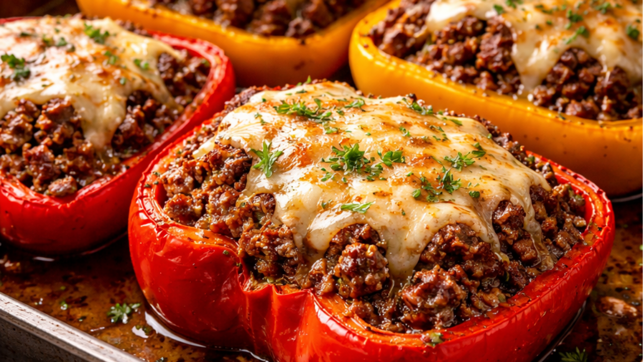 Beef mince stuffed capsicum, carnivore style, with melted cheese and juicy high-fat beef filling in a baking tray