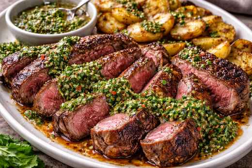 Barbecued rump cap steaks sliced and served with fresh chimichurri sauce and golden salardaise potatoes on a platter