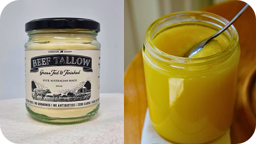 A split image showing a jar of solid, cream-colored beef tallow on the left and a jar of melted, golden liquid beef tallow on the right.