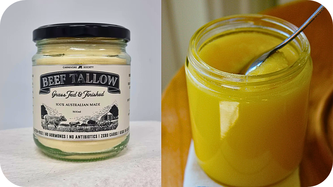 A split image showing a jar of solid, cream-colored beef tallow on the left and a jar of melted, golden liquid beef tallow on the right.