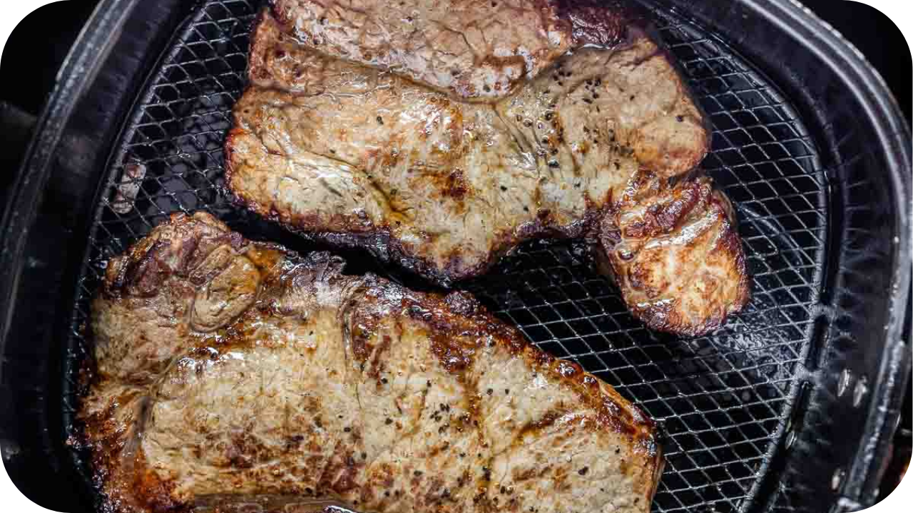 Juicy beef steaks cooking in an air fryer basket with a golden brown sear.