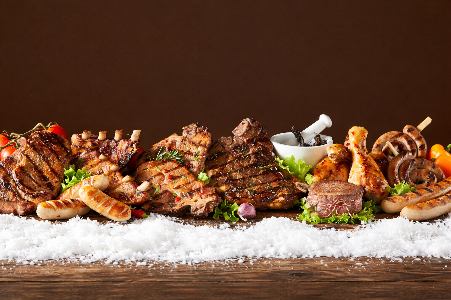 Wide banner of assorted grilled meats including steak, ribs, sausages, lamb chops and chicken arranged on a rustic wooden table with sea salt and herbs.