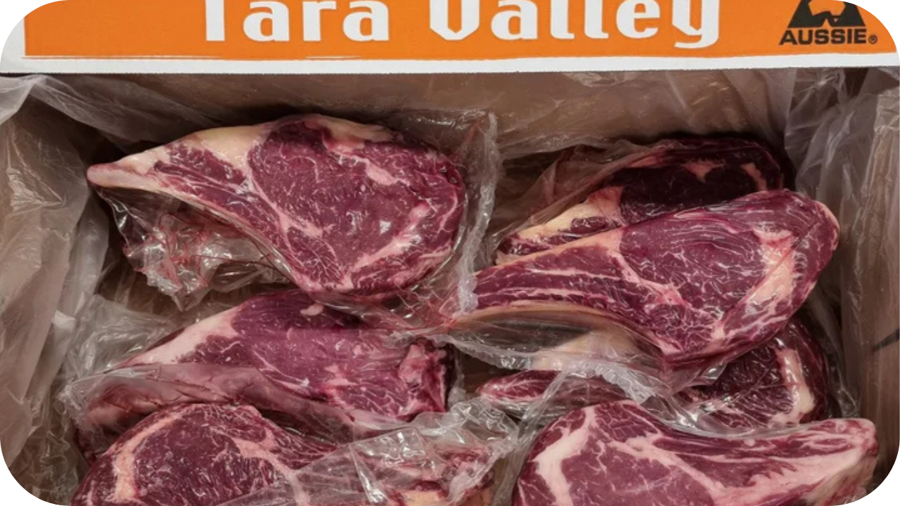  A box filled with various cuts of meat, showcasing the high-quality marbled steaks of Tara Valley beef, vacuum-sealed for freshness.