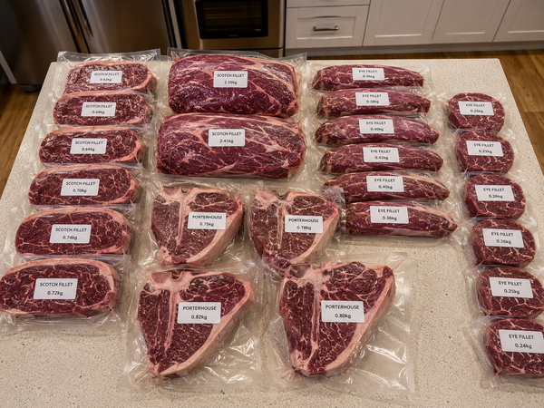 Bulk beef order laid out showing scotch fillet porterhouse and eye fillet with weights labelled